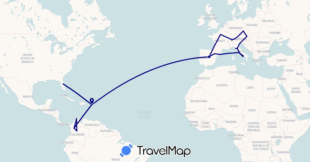 TravelMap itinerary: driving in Austria, Switzerland, Colombia, Czech Republic, Germany, Spain, France, Italy, Liechtenstein, Puerto Rico, United States (Europe, North America, South America)